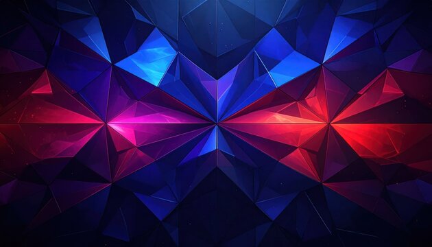 Abstract geometric background with glowing blue and red crystals