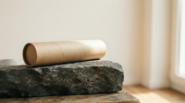 Rolled vintage paper scroll resting on natural stone rock