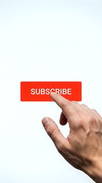 Hand of adult male with medium skin tone pressing red subscribe