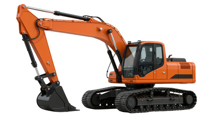 Heavy duty orange excavator with black bucket and tracks, isolated on transparent background © Aliona