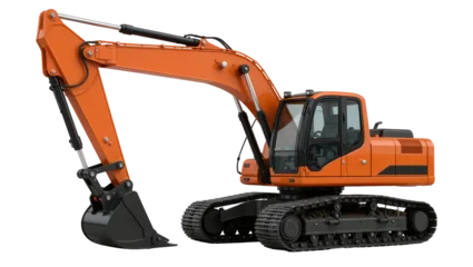 Fotobehang Vrachtwagen Heavy duty orange excavator with black bucket and tracks, isolated on transparent background  © Aliona