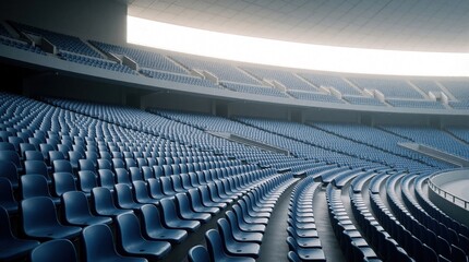 Naklejka premium Empty modern stadium stands with blue seats under soft natural light. Minimalist sports arena architecture shows clean geometric lines, wide perspective. Quiet atmosphere in vacant large venue before