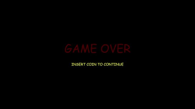 Retro arcade game over screen with insert coin to continue text animation 4k vintage