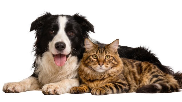 Friendly black and white border collie dog and tabby cat resting together, isolated on transparent background