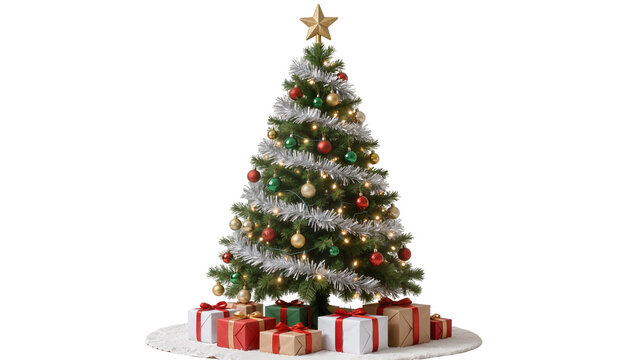 Decorated Christmas tree with ornaments and gifts, isolated on transparent background