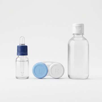 A sterile eye care kit with a dropper bottle, a contact lens case, and a bottle of cleaning solution