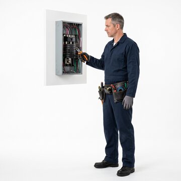An electrician wearing a blue jumpsuit and tool belt works on an electrical panel. He is holding a tool in his right hand, and the panel is open, revealing wires and circuit breakers