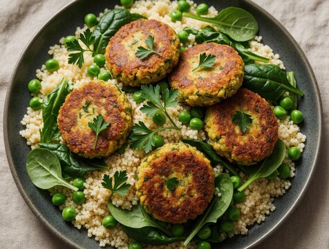 Vegetable patties served on bed of couscous with green peas, spinach leaves. Golden brown fritters topped with fresh parsley garnish healthy vegan meal. Nutritious plant based diet food for lunch