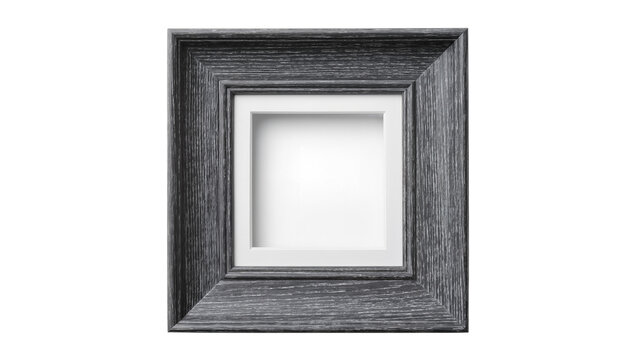 Rustic grey wooden square picture frame with white mat, isolated on transparent background