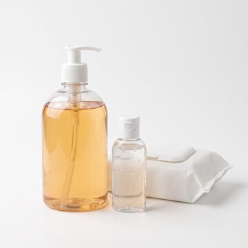 A hand sanitizer bottle, a small travel-sized bottle of hand sanitizer, and a pack of sanitizing wipes are arranged on a white surface