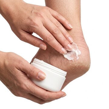 A person applying cream to dry, cracked heels, showing care for skin health.