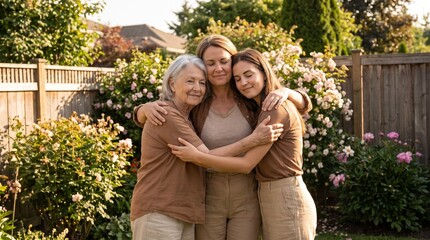 Fototapeta premium Three generations of women embracing in a garden showing love and connection