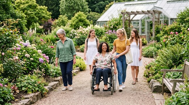 Diverse group of women enjoying a sunny day walking through a beautiful botanical garden with a greenhouse