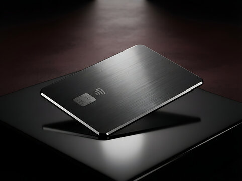 Black credit card with chip and contactless symbol on reflective surface