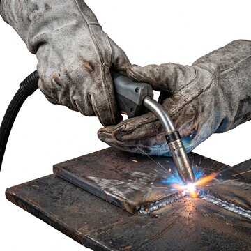 A close-up shot of a welder's gloved hands skillfully guiding a welding torch, sparks flying as metal is fused together