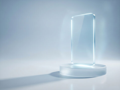 Glass smartphone mockup on a pedestal with a soft blue gradient background