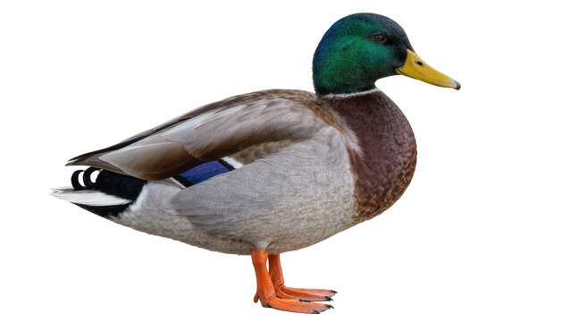 Male mallard duck with green head and yellow beak, isolated on transparent background
