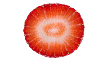 Close-up cross-section of a ripe red strawberry with seeds, isolated on transparent background © Aliona