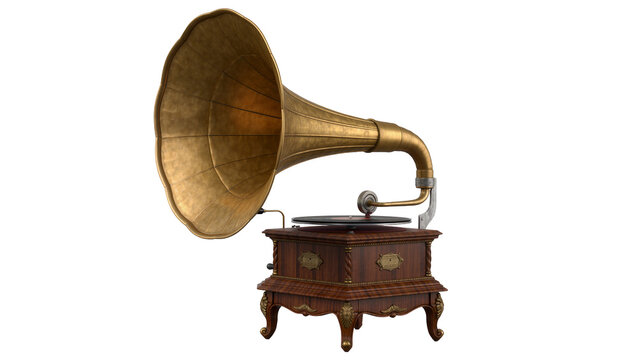 Antique gramophone with brass horn and wooden base, isolated on transparent background