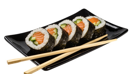 Five maki sushi rolls with salmon and cucumber on a black plate, isolated on transparent background © Aliona