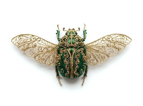 Ornate green beetle with intricate golden filigree wings displayed