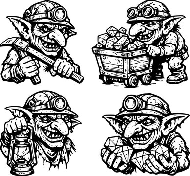 Cartoon Coal Miners Working in a Mine with Mining Cart