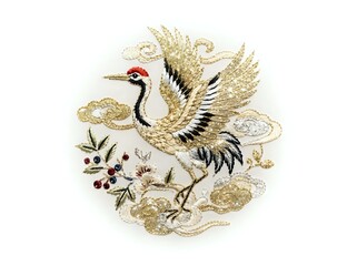 Fototapeta premium Elegant crane with golden wings and black accents surrounded