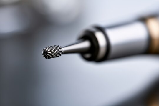 Macro view of a precision rotary tool carbide burr used for detailed metal shaping and engraving on a blurred background
