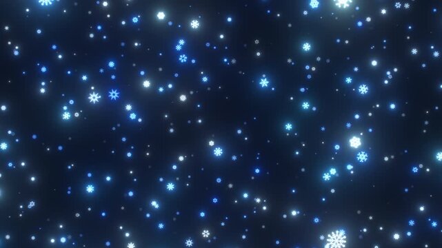 Flying Through Tiny Neon Glowing Ice Cold Blue Snowy White Snowflakes - 4K Seamless VJ Loop Motion Background Animation