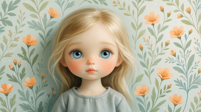 Doll like child portrait features blue eyes, blonde hair, and freckles against floral backdrop. Sweet, innocent face with soft features and pastel colors.