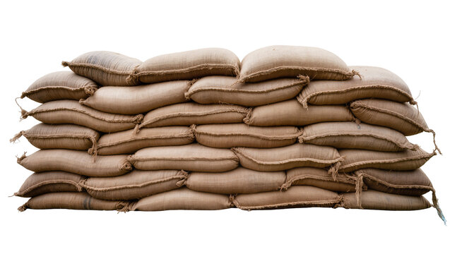 Stacked burlap sandbags forming a protective barrier, isolated on transparent background