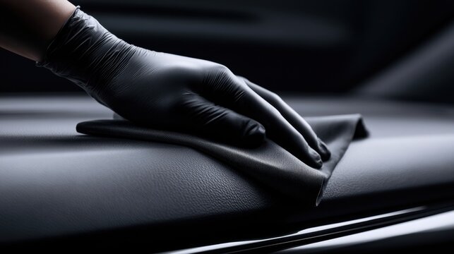 Person wearing black gloves carefully cleaning and maintaining smooth leather surface on a sleek modern car interior dashboard panel
