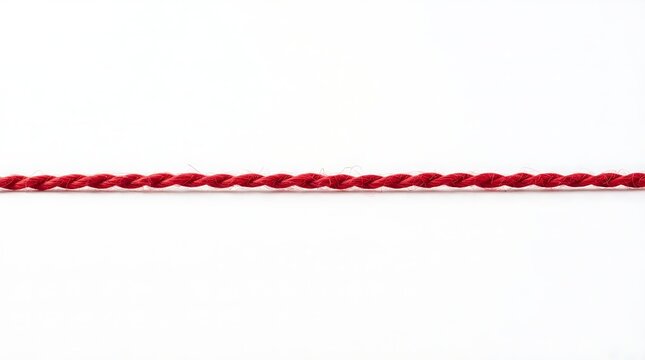 A single straight horizontal red rope thread cord string twisted fiber material isolated on a plain surface