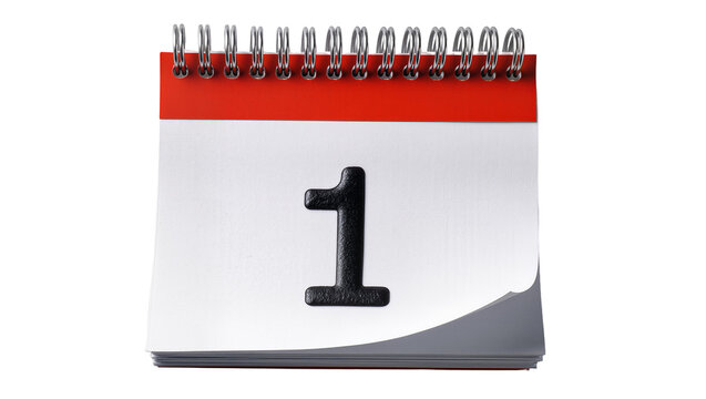 Red spiral-bound desk calendar showing the number one, isolated on transparent background