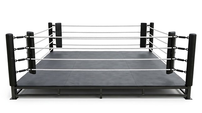 Professional boxing ring with black corner posts and sturdy ropes for combat sports matches and training events