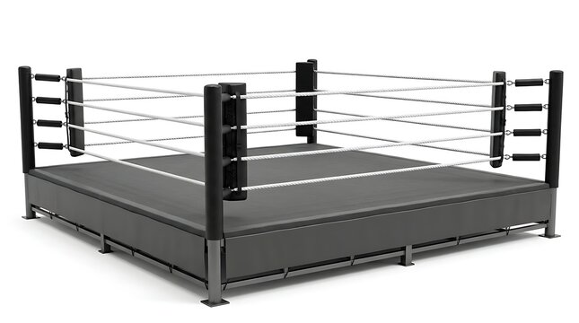 Professional boxing ring with black corner posts and ropes for combat sports competition in a dark gym setting