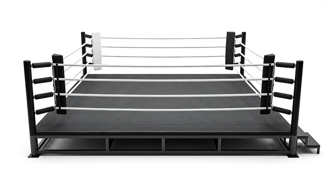 Professional boxing ring with black ropes and metal posts for combat sports competition and training in a gym