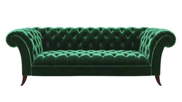 Deep green velvet Chesterfield sofa with tufted upholstery, isolated on transparent background