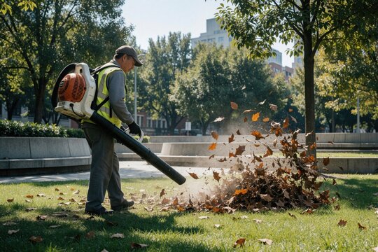 Man in high-vis vest uses backpack leaf blower clearing autumn leaves in park. Worker tidies grass in urban area with machine blowing debris and dirt away.