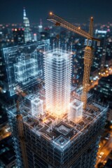 Fototapeta premium Construction site with holographic blueprint overlay at night in a city. Crane above skyscraper project under development. Future building tech.