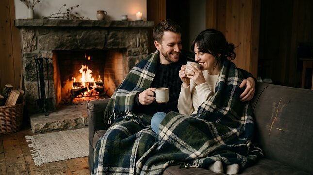 A happy couple sitting on a sofa under a warm blanket by a stone fireplace with smiling man woman sit together sofa wrapped plaid blanket while holding mugs