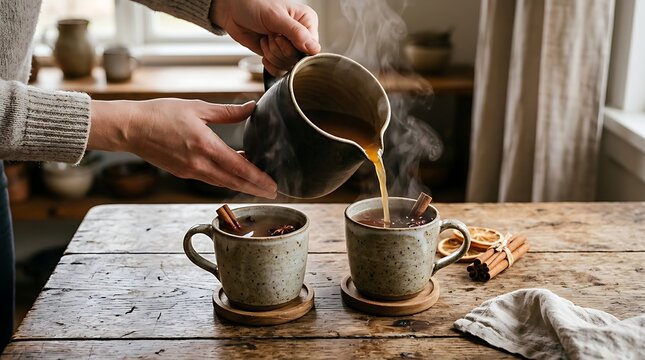 Person pouring hot spiced cider from a ceramic pitcher into rustic mugs on wooden table with person pours steaming spiced beverage refreshment
