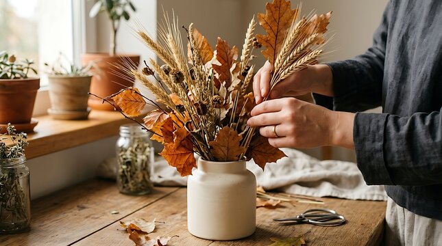 A person arranging dried autumn leaves and wheat stalks in a white ceramic vase on a table with carefully arranges bouquet dried oak arrangement