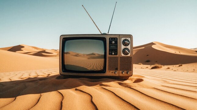 Old TV sits on desert sand dunes. Antennae point skyward, reflecting barren landscape. Analog tech lost in arid wilderness, media obsolescence concept.