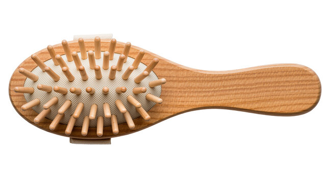 Oval wooden hairbrush with beige cushion and rounded wooden bristles, isolated on transparent background