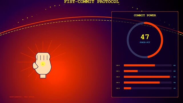 Gesture banking digital interface showing orange fist icons and fluctuating numerical data metrics on a dark red screen monitor for modern financial software analytical monitoring