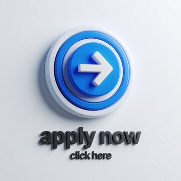 Three dimensional blue button with white arrow icon. Apply now text, click sign below. Web interface element for job recruitment online registration. Modern digital symbol for business direction,