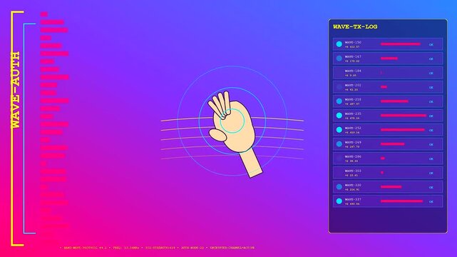 Innovative gesture banking interface displays a stylized digital hand performing unique hand signs before a vibrant glowing gradient screen with streaming data logs and pulsing circles