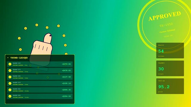 Innovative gesture banking interface showing interactive financial verification steps as a digital hand icon processes monetary transfers on a glowing screen with green light effects