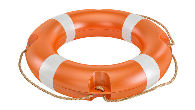 Orange life preserver ring with white stripes and rope, isolated on transparent background